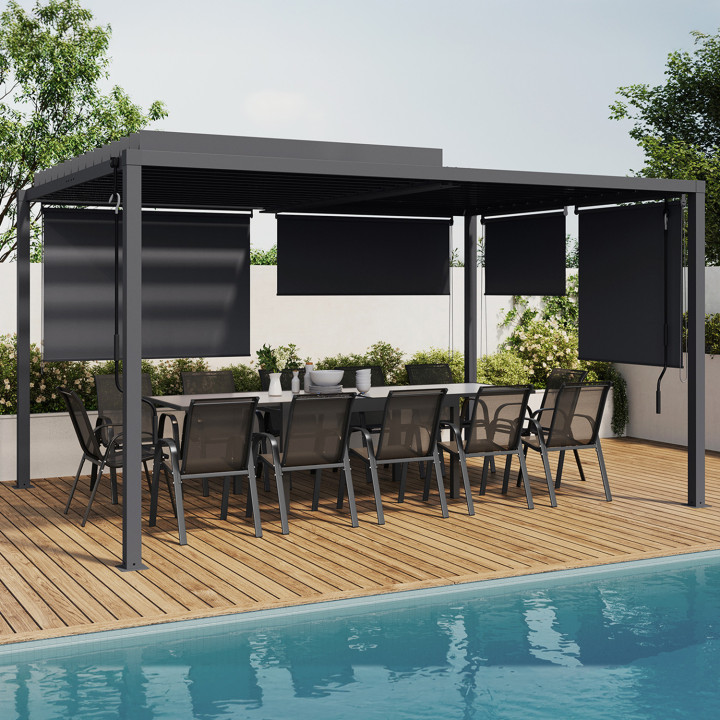 Pergola bioclimatique lames orientables polycarbonate 3x4M et 4 stores gris anthracite