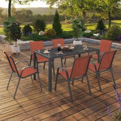 16793 - Salon de jardin avec table 150 cm et 6 chaises empilables : terracotta et acier Salon de jardin acier et terracotta avec table 150 cm et 6 chaises empilables - MADRID | ID Market