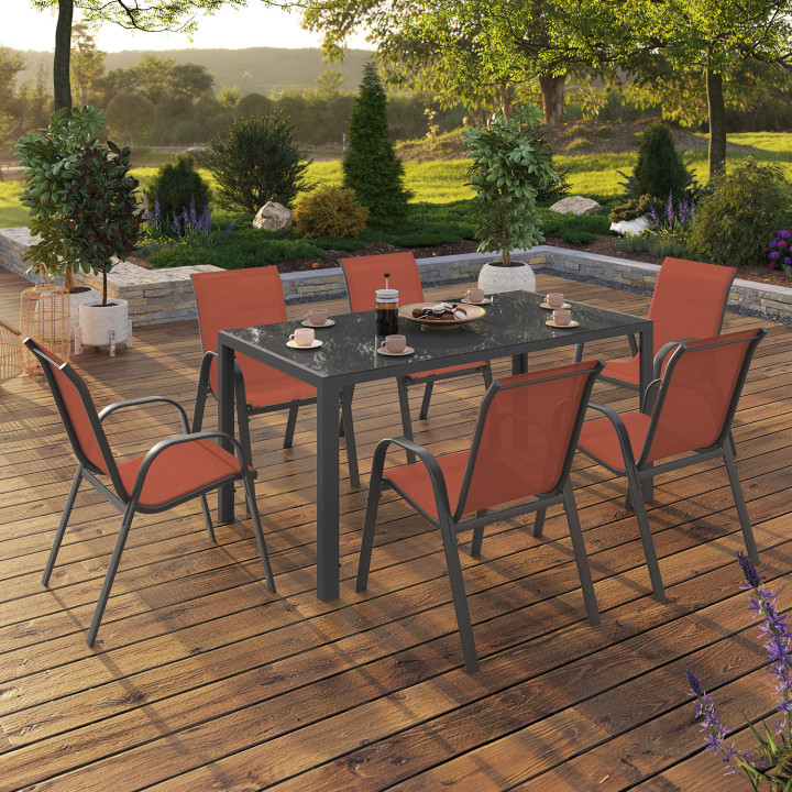 Stalen en terracotta tuinset met 150 cm tafel en 6 stapelstoelen - MADRID | ID Market