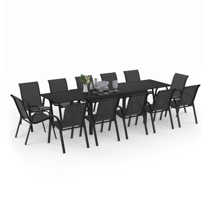 Salon de jardin noir table extensible et chaises empilables - MADRID | ID Market