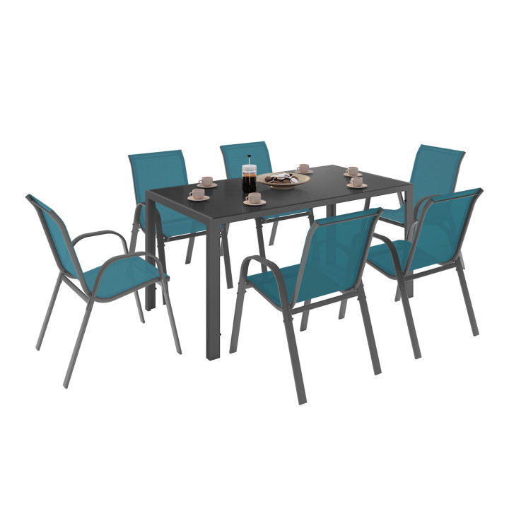 Tuinmeubelset 6 zits tafel 150cm stapelstoelen eend blauw - MADRID | ID Market