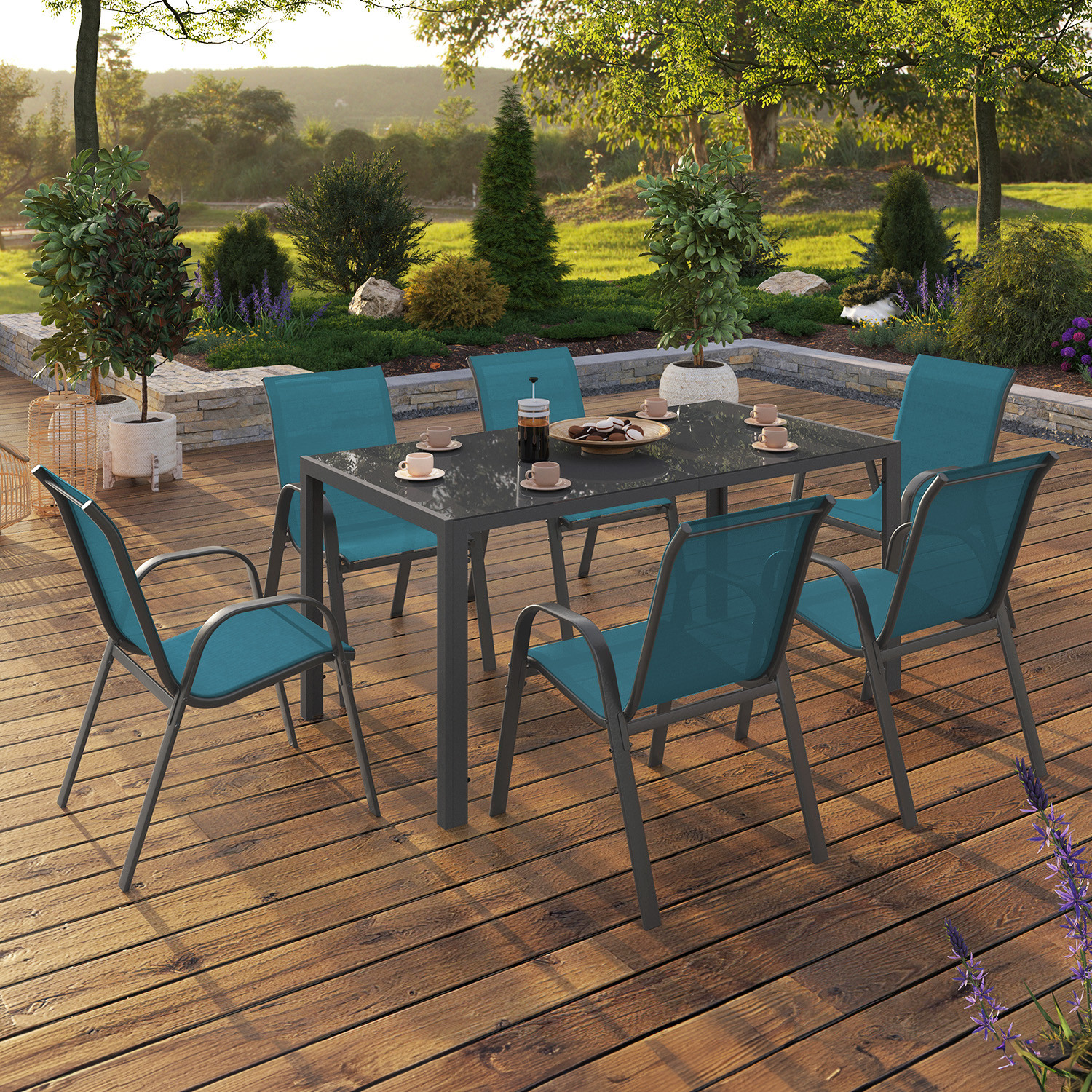 Salon de jardin 6 personnes chaises empilables bleu canard table 150 cm