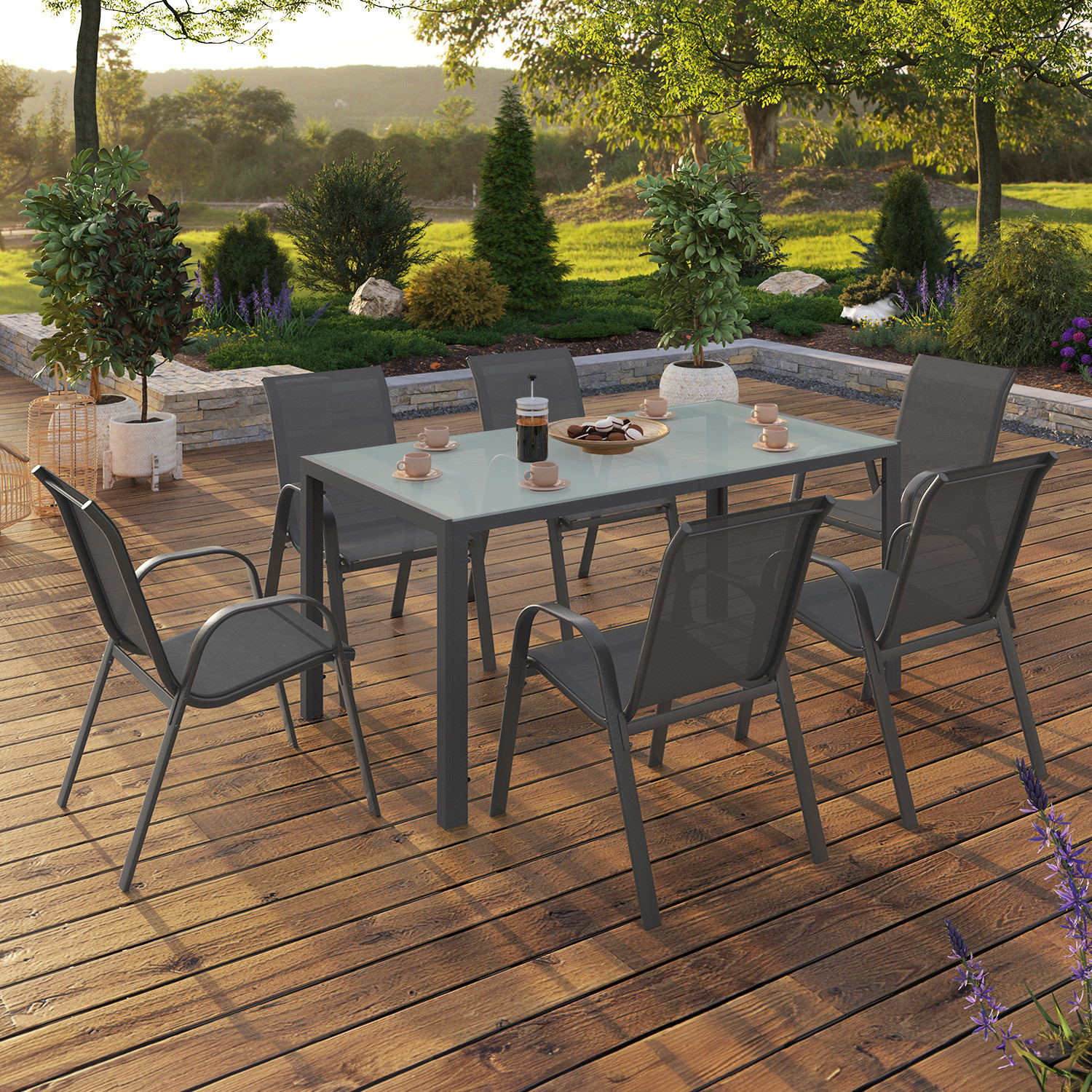 Salon de jardin 6 personnes chaises empilables gris anthracite table 150 cm
