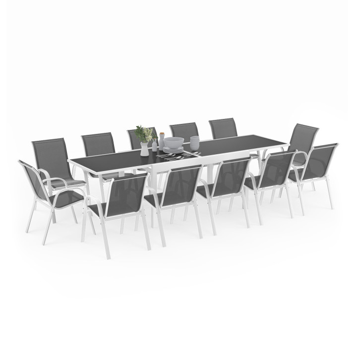 Tuinmeubelset met tafel van gehard glas en 12 grijze en witte stoelen - MADRID | ID Market