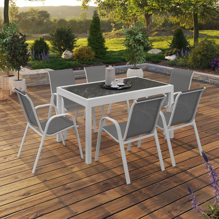 Tuinmeubelset met tafel van gehard glas en 12 grijze en witte stoelen - MADRID | ID Market