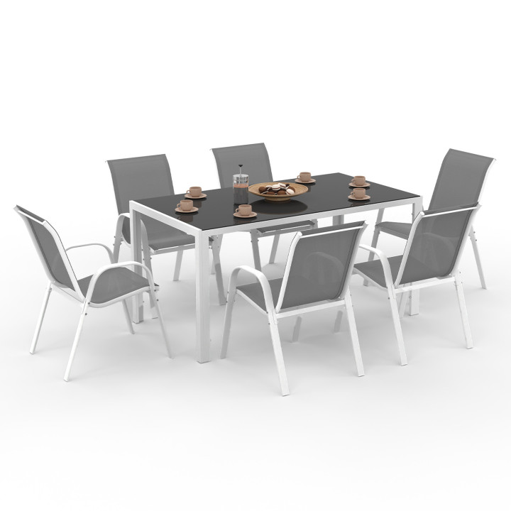 Tuinmeubelset met tafel van gehard glas en 6 grijze en witte stoelen - MADRID | ID Market