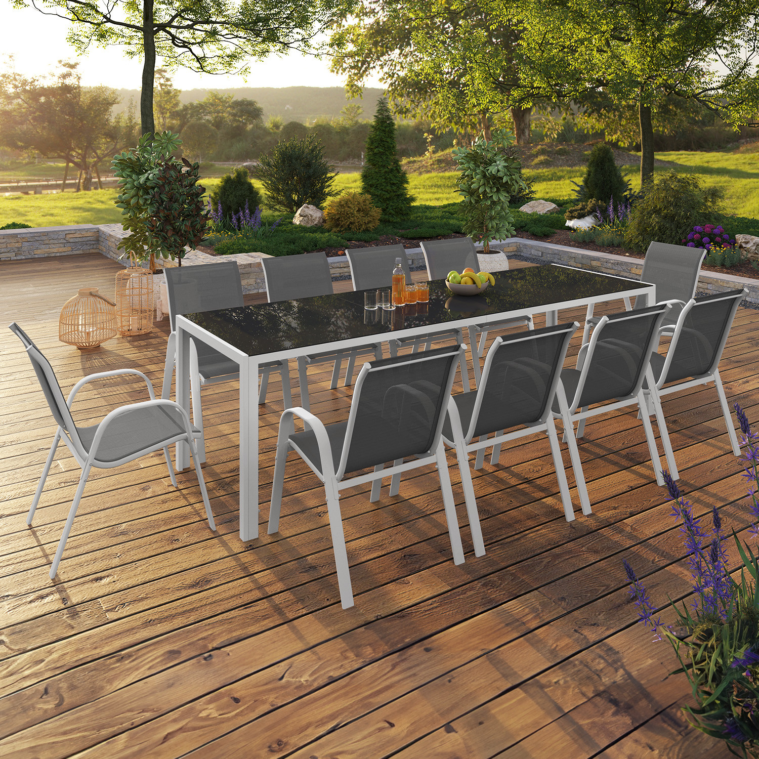 Salon de jardin blanc et gris avec chaises empilables