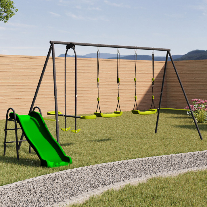 Balançoire 3 agrès portique avec 2 balançoires, balançoire face à face et toboggan