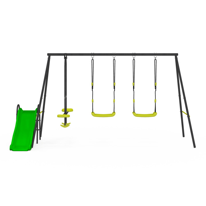 Balançoire 3 agrès portique avec 2 balançoires, 1 face à face et toboggan