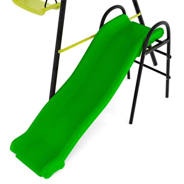Balançoire 3 agrès portique avec 2 balançoires, 1 face à face et toboggan