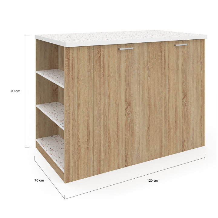 Isola centrale TIBO 120 cm in legno effetto faggio con piano di lavoro in terrazzo SIMONE