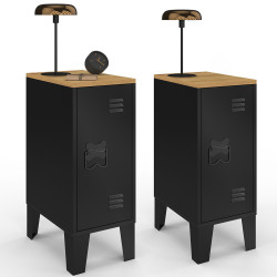 Lot de 2 tables de chevet ESTER 1 porte métal noir plateau façon hêtre design industriel