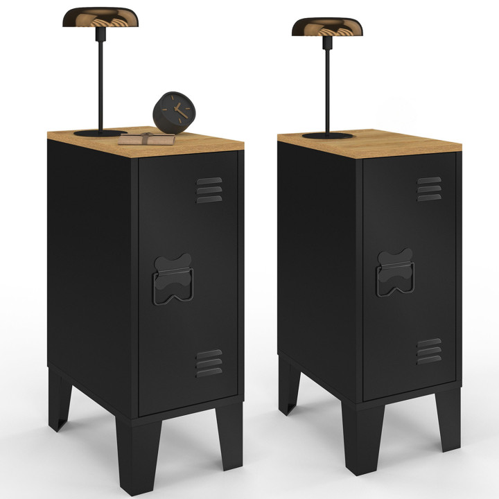 Set di 2 comodini ESTER a 1 anta in metallo nero con piano in faggio in stile industriale
