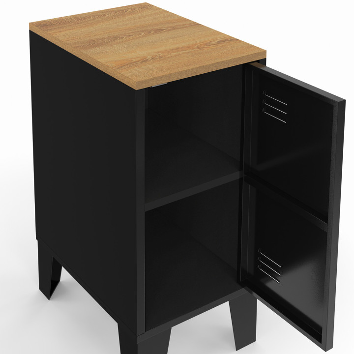 Set di 2 comodini ESTER a 1 anta in metallo nero con piano in faggio in stile industriale