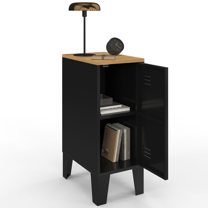 Set di 2 comodini ESTER a 1 anta in metallo nero con piano in faggio in stile industriale