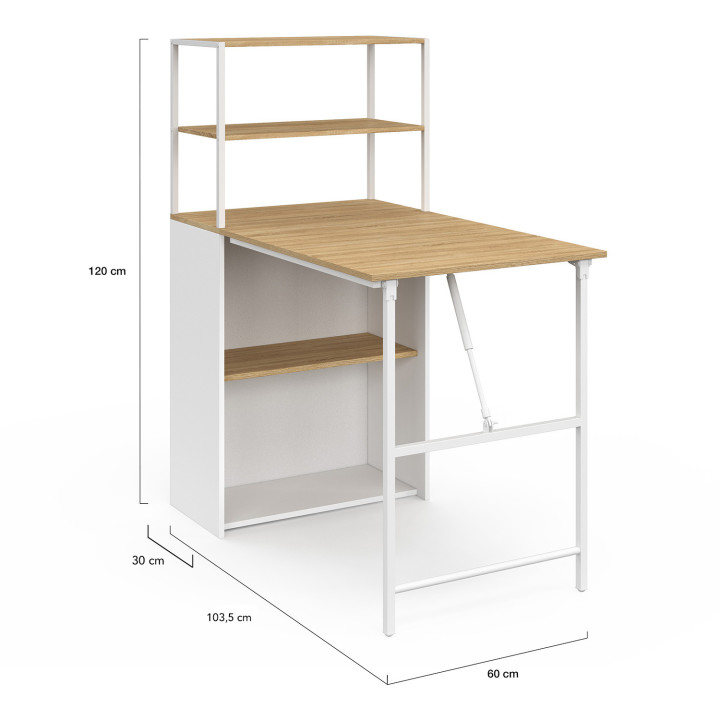 Bureau bibliothèque pliable RAY plateau rabattable bois façon hêtre et blanc