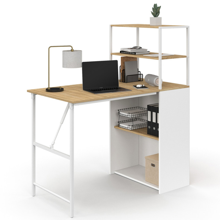Bureau bibliothèque pliable RAY plateau rabattable bois façon hêtre et blanc