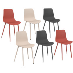 16661 - Lot de 6 chaises en polypropylène mix color gris foncé x2, terracotta x2, beige x2 pieds en métal Lot de 6 chaises en polypropylène KIARA mix color gris foncé x2, terracotta x2, beige x2 avec pieds en métal