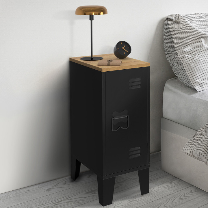 Set di 2 comodini ESTER a 1 anta in metallo nero con piano in faggio in stile industriale