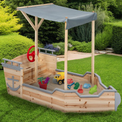 Bac à sable WORLD bois bateau de pirate avec banc coffre et toit gris