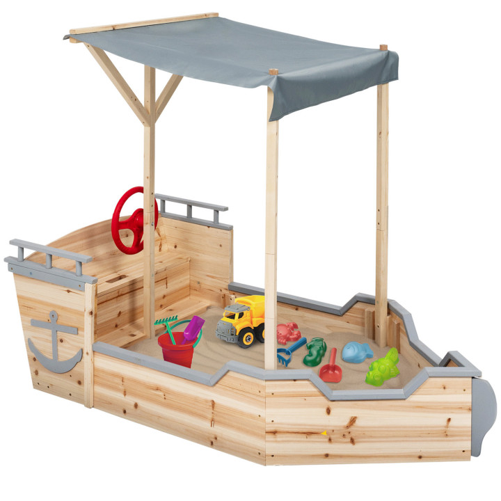 Bac à sable WORLD bois bateau de pirate avec banc coffre et toit gris