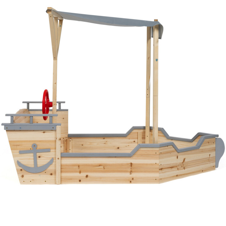 Bac à sable WORLD bois bateau de pirate avec banc coffre et toit gris