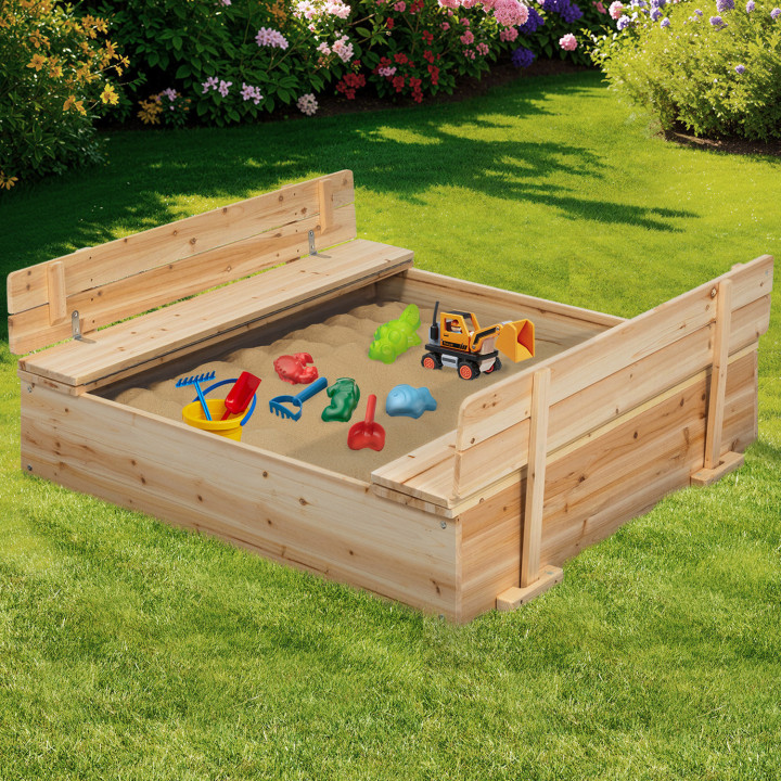 Arenero de madera con 2 bancos y lona protectora - FUNNY | ID Market