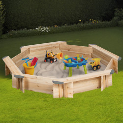 Bac à sable TOYS bois forme hexagonale avec 4 bancs et bâches de protection