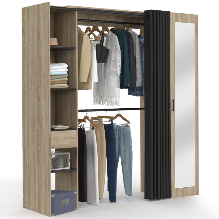 Dressing extensible avec rideau noir, double penderie et miroir - MADISON | ID Market