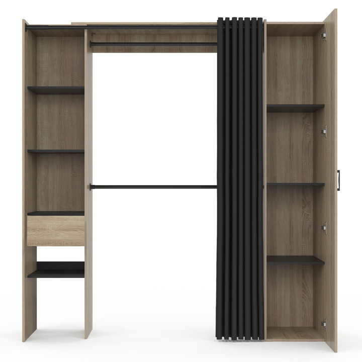 Dressing extensible avec rideau noir, double penderie et miroir - MADISON | ID Market