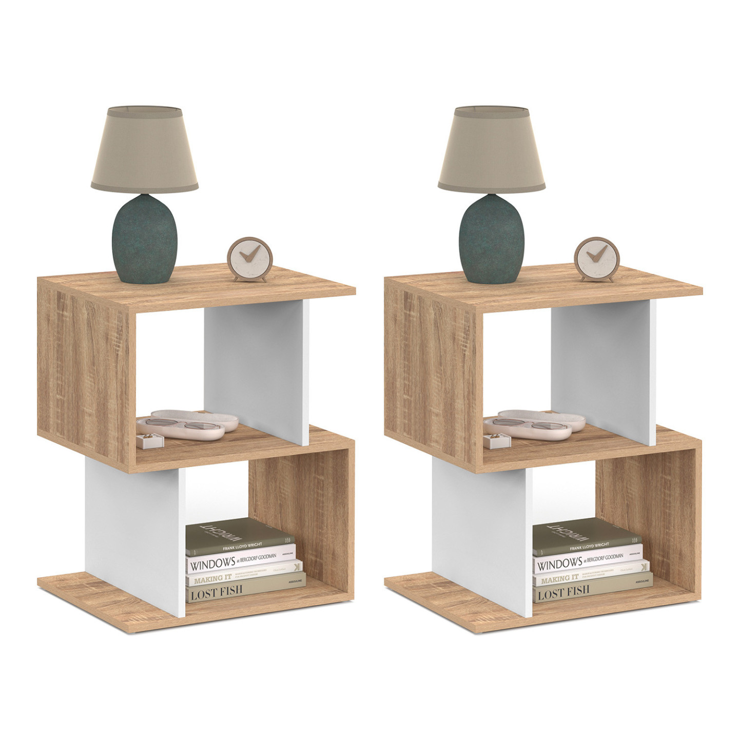 Mesillas de noche escandinavas con efecto madera de haya y 1 cajón