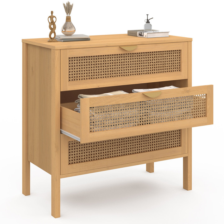 EDHEN Cassettone a 3 cassetti, 80 cm, in vimini color legno