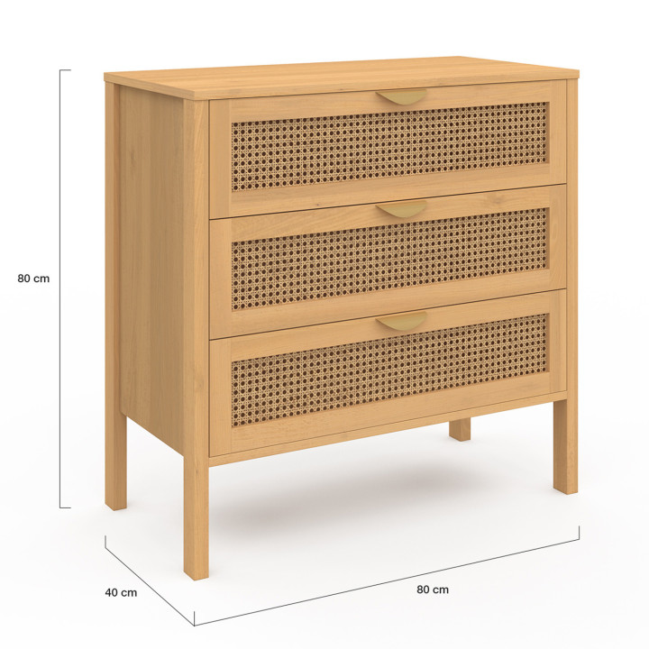 EDHEN Cassettone a 3 cassetti, 80 cm, in vimini color legno