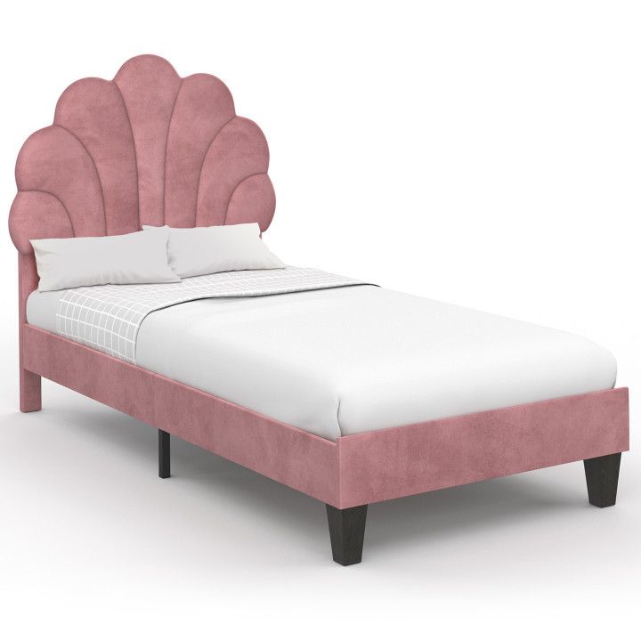 Letto singolo a conchiglia AMANDA 90 x 190 cm con base in velluto rosa cipria
