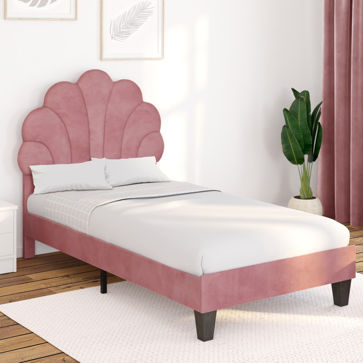 Letto singolo a conchiglia AMANDA 90 x 190 cm con base in velluto rosa cipria