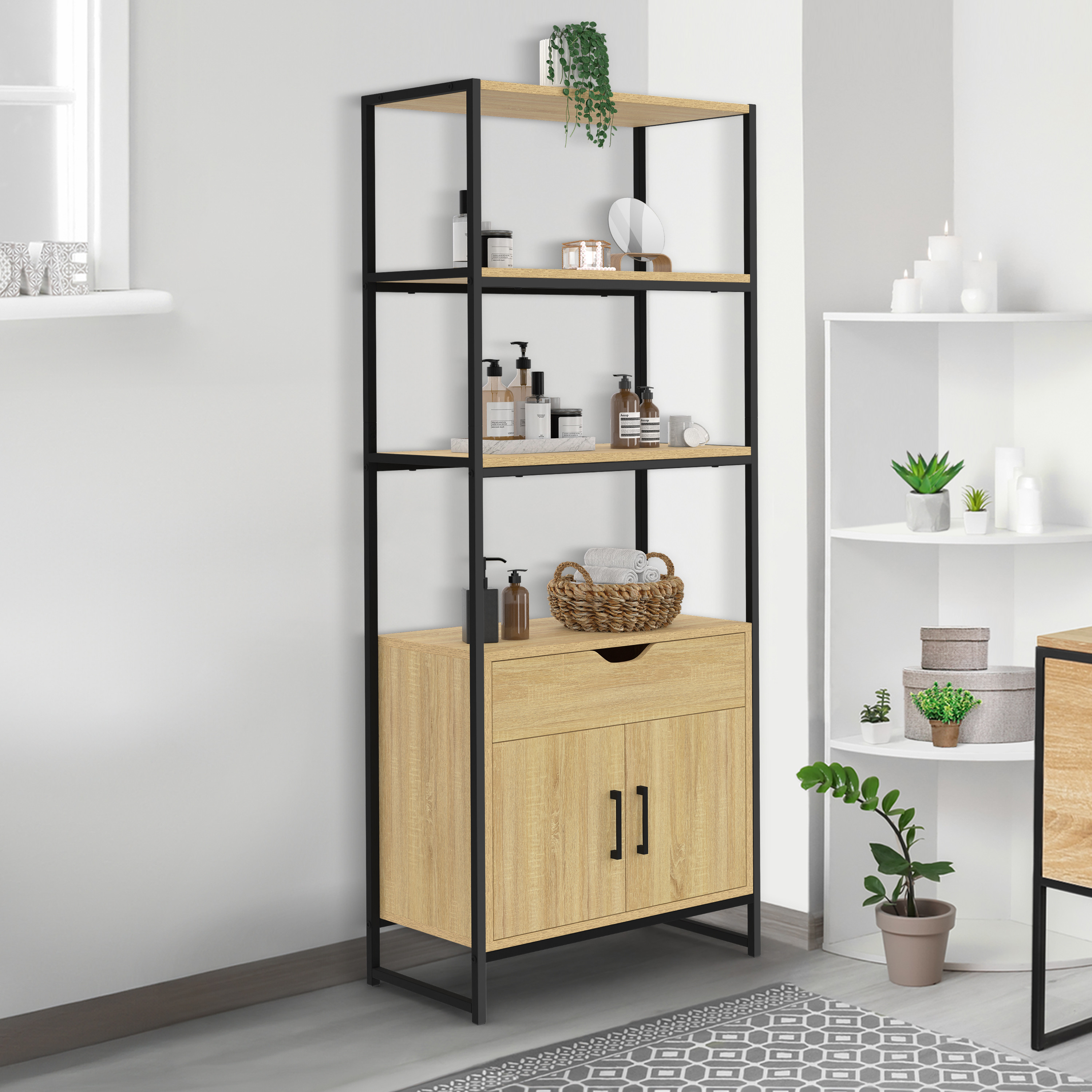 Meuble de rangement design industriel salle de bain avec 3 étages 1 placard 1 tiroir