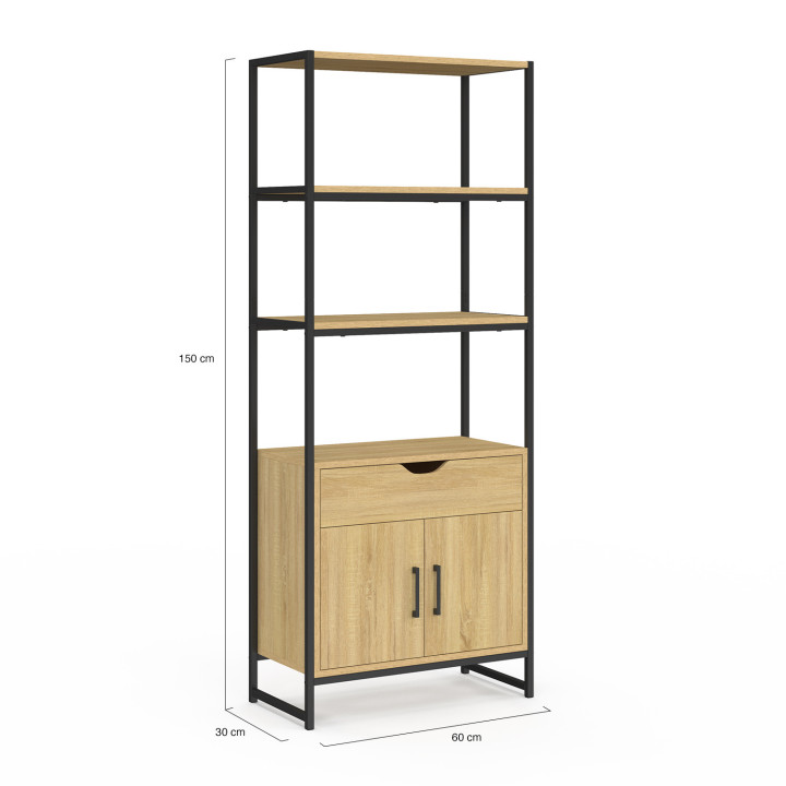 Colonne De Rangement Salle De Bain Detroit - 1 Tiroir + 1 Placard Design Industriel Bois Et Métal Noir 30x30x80cm