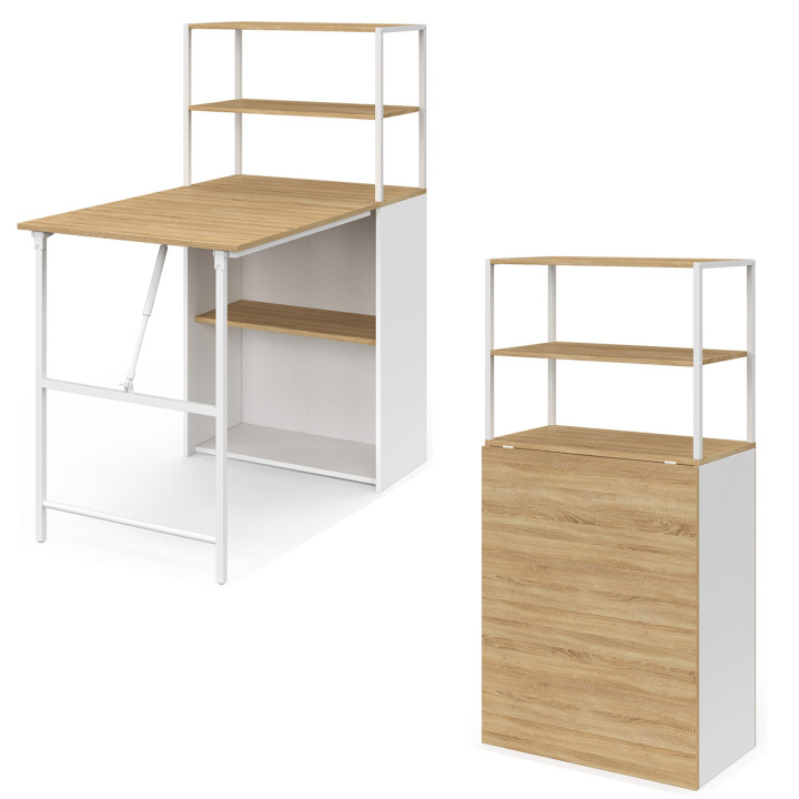Bureau bibliothéque pliable plateau rabatable bois façon hêtre et blanc - RAY | ID Market