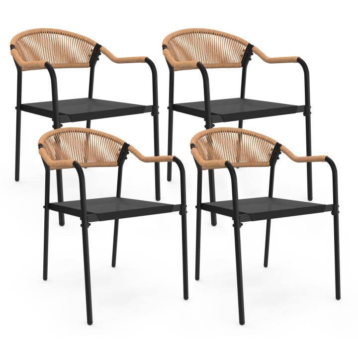 Set van 4 zwart metalen en licht rotan tuinstoelen - MADEIRA | ID Market