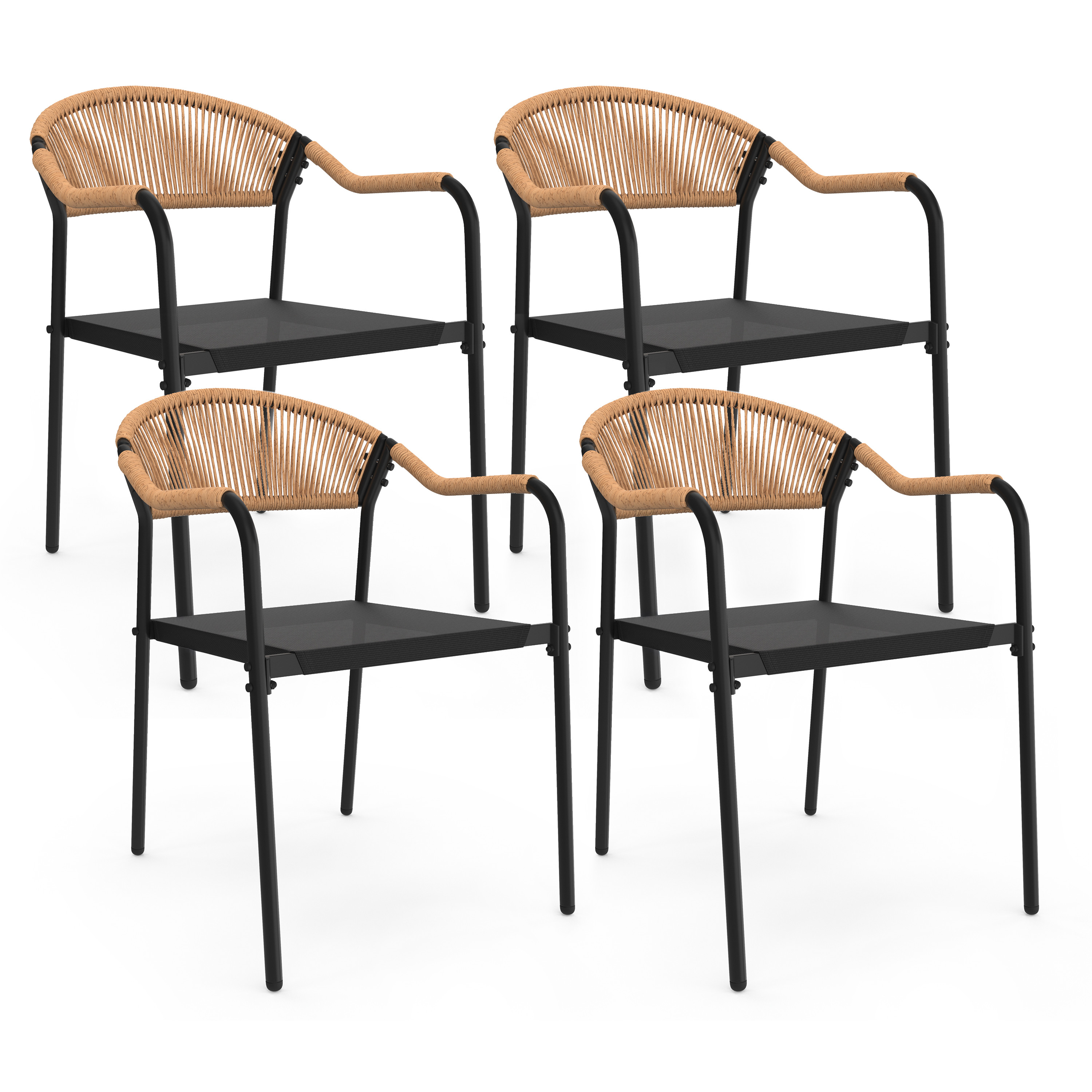 Lot de 4 chaises de jardin extérieures en métal, en cordage, en textilène et rotin clair