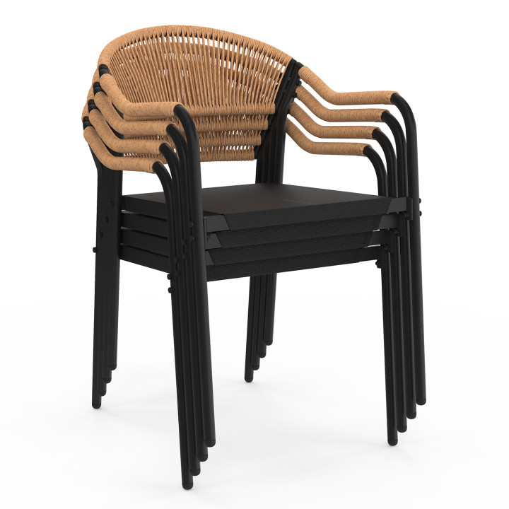 Set van 4 zwart metalen en licht rotan tuinstoelen - MADEIRA | ID Market