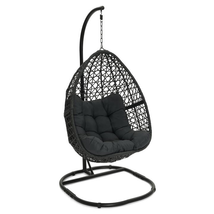 Fauteuil lune suspendu ajouré effet rotin avec coussin gris