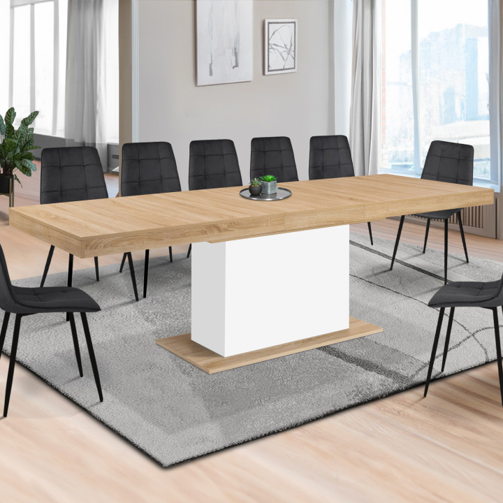 Table à manger extensible rectangle EDEN 8-12 personnes bois et blanc 200-250 cm