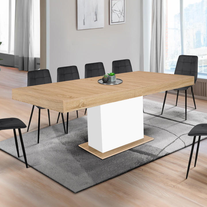 Table à manger extensible rectangle EDEN 8-12 personnes bois et blanc 200-250 cm