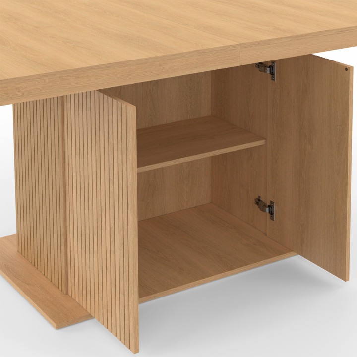 Table à manger extensible rectangle JULIETTE 6-10 personnes pied central lattes tasseau bois avec rangement 160-200 cm