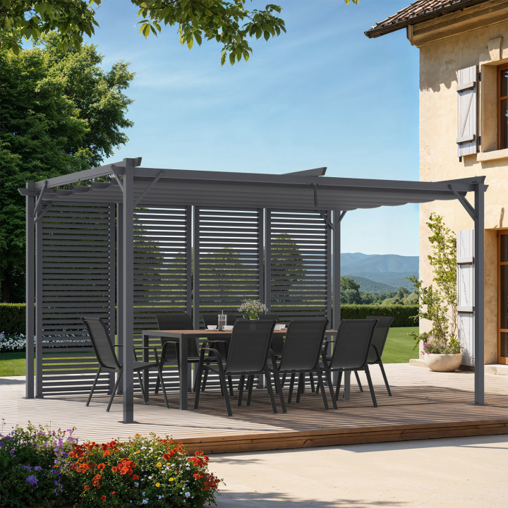 Pérgola de lamas gris marengo con techo retráctil y 4 secciones modulares 3x4M | ID Market