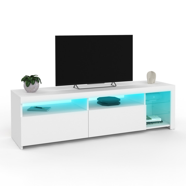 Meuble TV blanc laqué avec LED et étagères en verre | ID Market Meuble TV blanc laqué avec LED et étagères en verre | ID Market