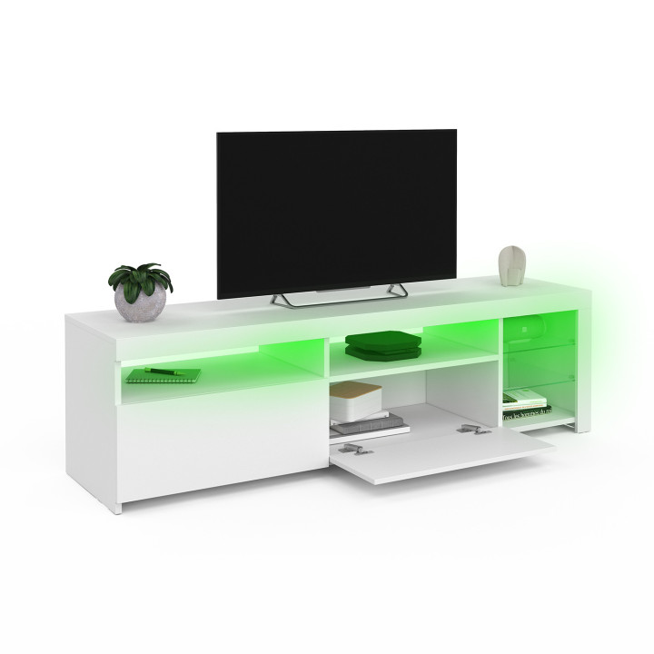 Soporte de TV lacado en blanco con LED y estantes de cristal | ID Market Soporte de TV lacado en blanco con LED y estantes de cristal | ID Market