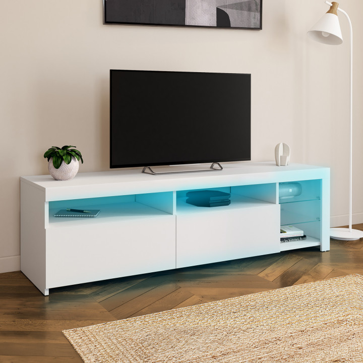 Meuble TV blanc laqué avec LED et étagères en verre | ID Market Meuble TV blanc laqué avec LED et étagères en verre | ID Market