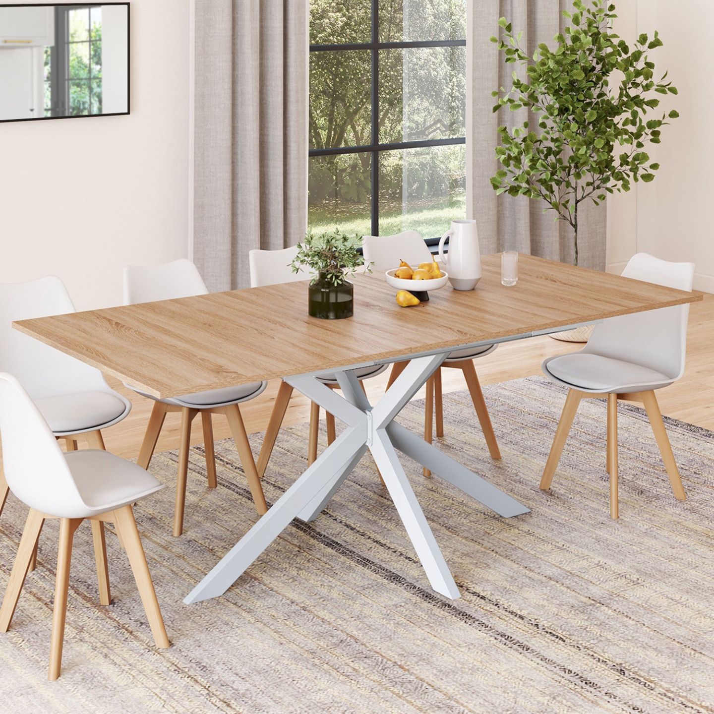 Table à Manger Extensible GISELE - Plateau Blanc Et Pied Araignée Effet Bois - 160 à 200 Cm Pour 6 à 10 Personnes - 2